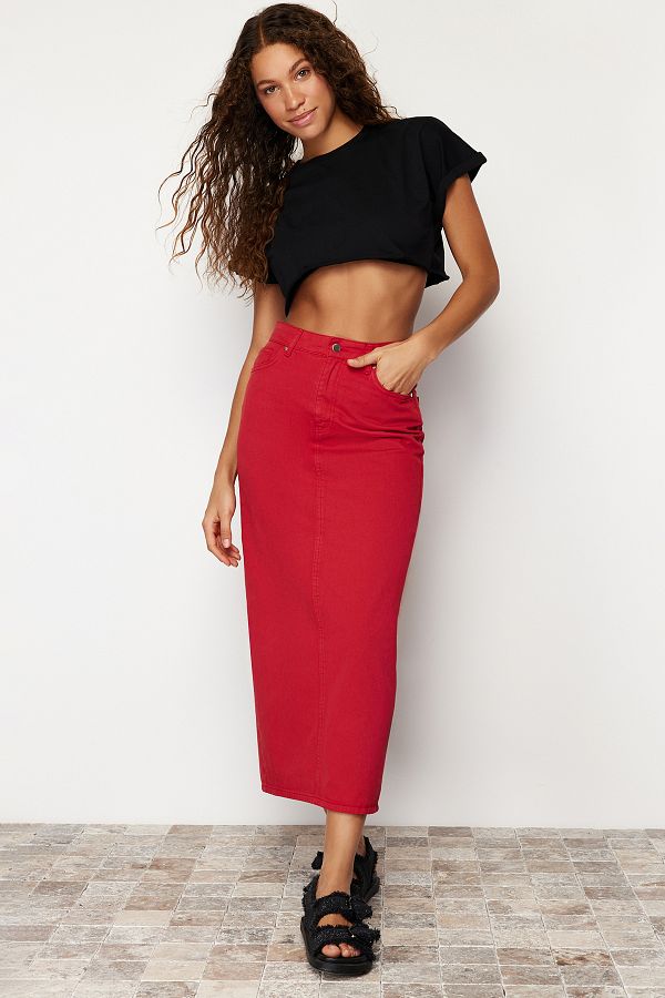 Red denim skirt white stitching best sale