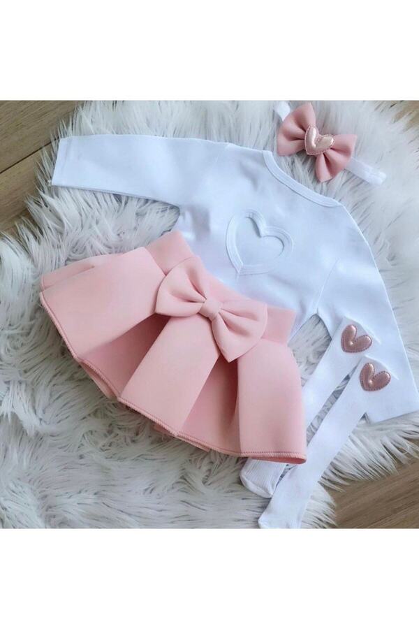 Kokosh kidss Kız Çocuk Somon Rengi Kalpli Etek Seti