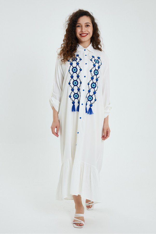 AYASOFYA OTANTIK Women's White Evil Eye Bead Embroidery Embroidered Shirt Dress