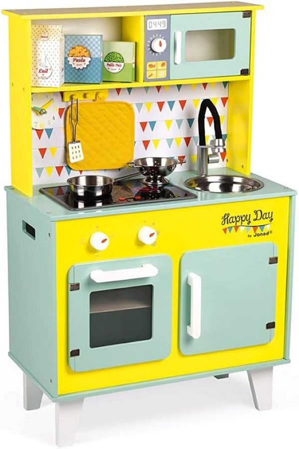 Janod Happy Day Children s Play Kitchen with Sound and Light Wooden Kitchen with Accessory Pieces 53 x 30 x 87 cm Trendyol