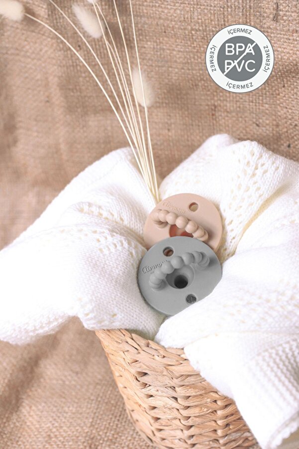 Fufizu Airmom Emzik - Hem Emzik Hem Diş Kaşıyıcı 2'li Silikon Emzik - Yenidoğan Ve 0-6 Ay Koyu Gri & Taba