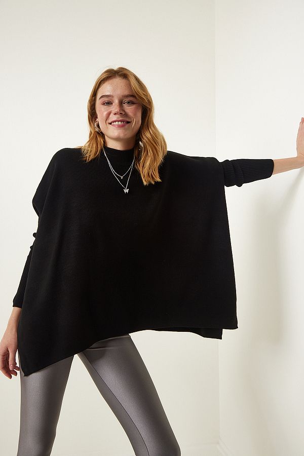 Happiness İstanbul-Schwarzer Strick-Poncho-Pullover mit Stehkragen und Schlitz ZA00074 1