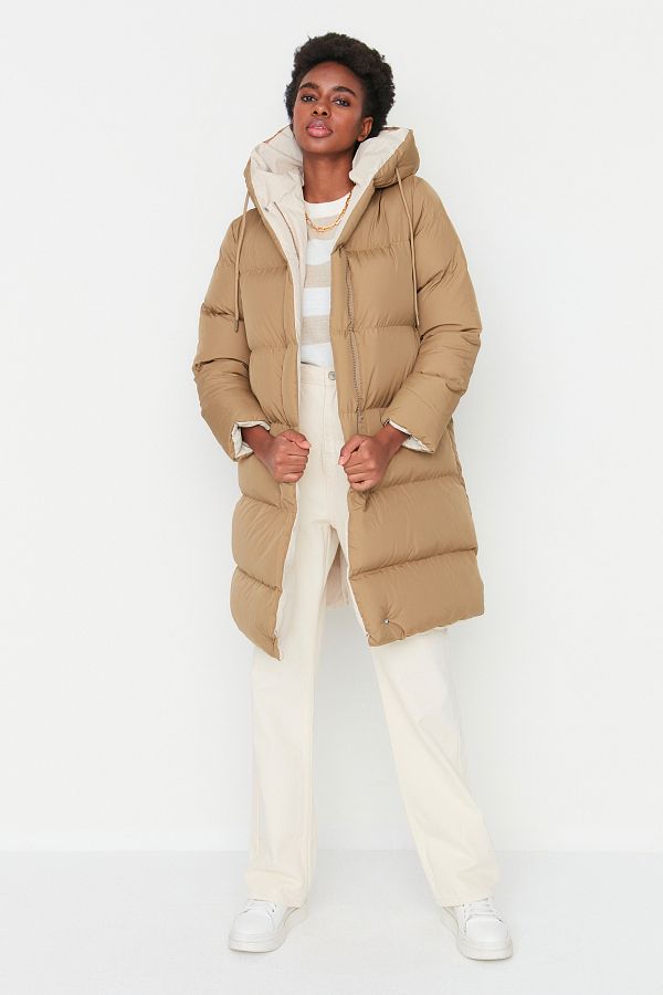 Trendyol Collection Double Sided Hood Water Repellent Long down Coat Brown Ecru Twoaw23Mo00052 Trendyol
