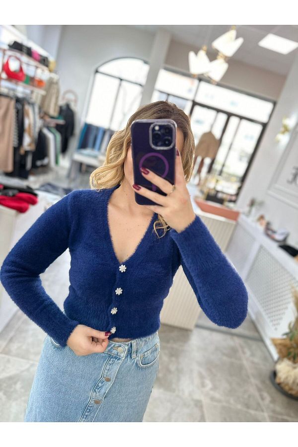 Bisou Navy Blue Cardigan with Pearl Buttons Trendyol
