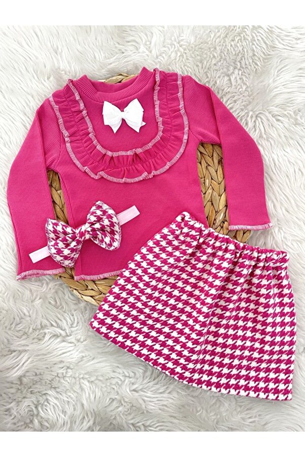 AKİF GİYİM KIZ ÇOCUK FİYONKLU KAZAYAĞI ETEK BADİ BANDANA TAKIMI