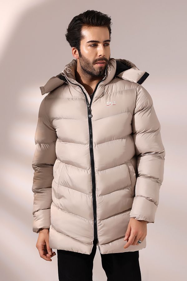 Talsmoda TALS FASHION CREAM COLOR HOODED MICRO GEL FILLED LONG THERMAL COAT Trendyol
