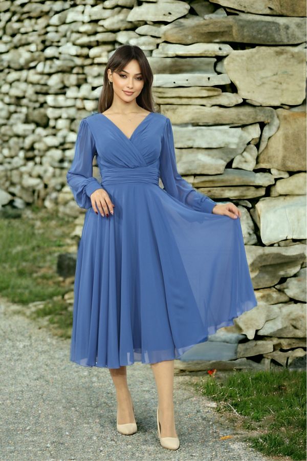 FaBe Fashion Long Sleeve Covered Back Double Breasted Collar Midi Chiffon Dress Trendyol