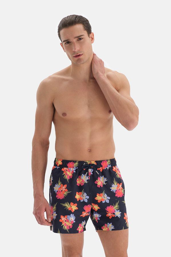 Dagi-Navy Blue - Pink Floral Patterned Short Swim Shorts 1
