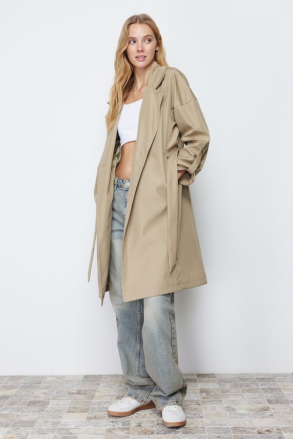 Trendyol Collection Oversize Light Khaki Water Repellent Long Trench Coat Belted TWOAW24TR00019 Trendyol