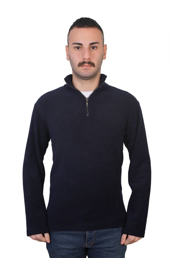 DİVİSTA-Navy Blue Colored Long Sleeve Collar Zippered Fleece Unisex 1