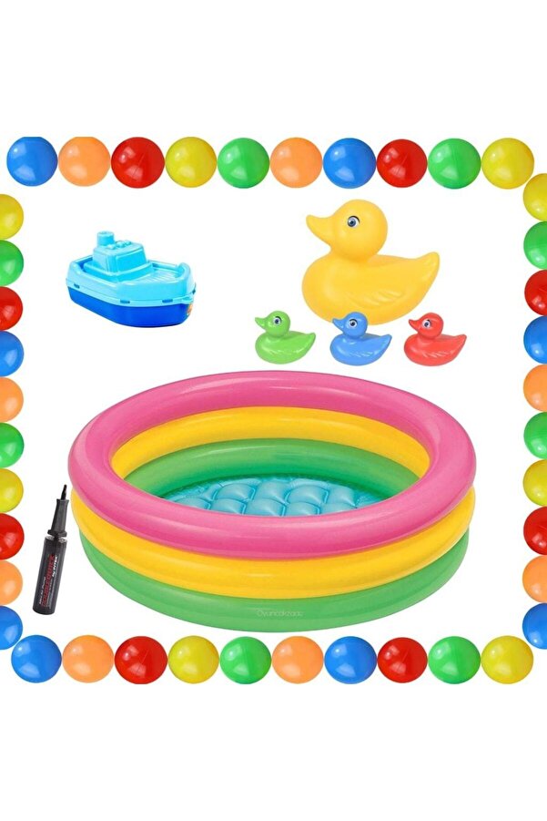 OyuncakZade Bebek Oyun Havuzu Şişme Taban 86cmx25cm + Havuz Topu + Oyuncak Ördekler Pompa Dahildir