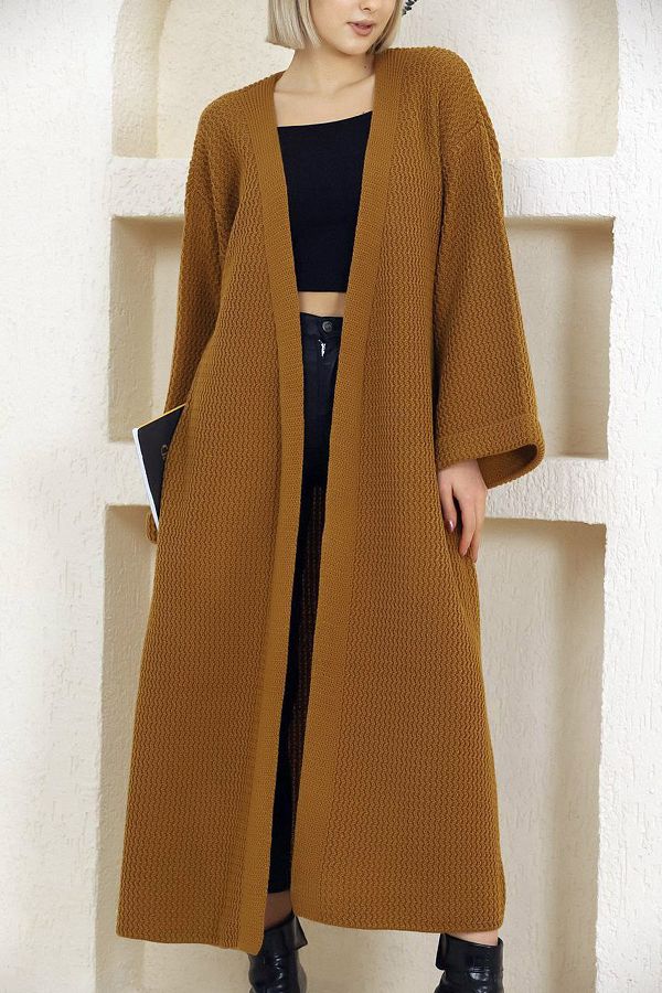 ALCHON V Neck Folded Wide Long Sleeve Self Textured Thick Full Ankle Length Knitwear Cardigan Winter Comfortable Trendyol