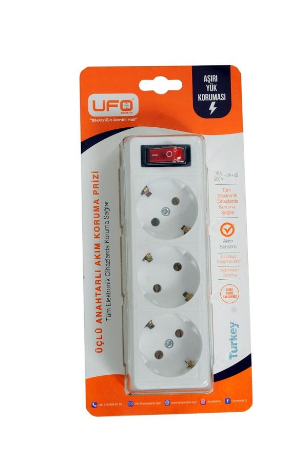 UFO-White Current Protected Triple Socket - Switched 1
