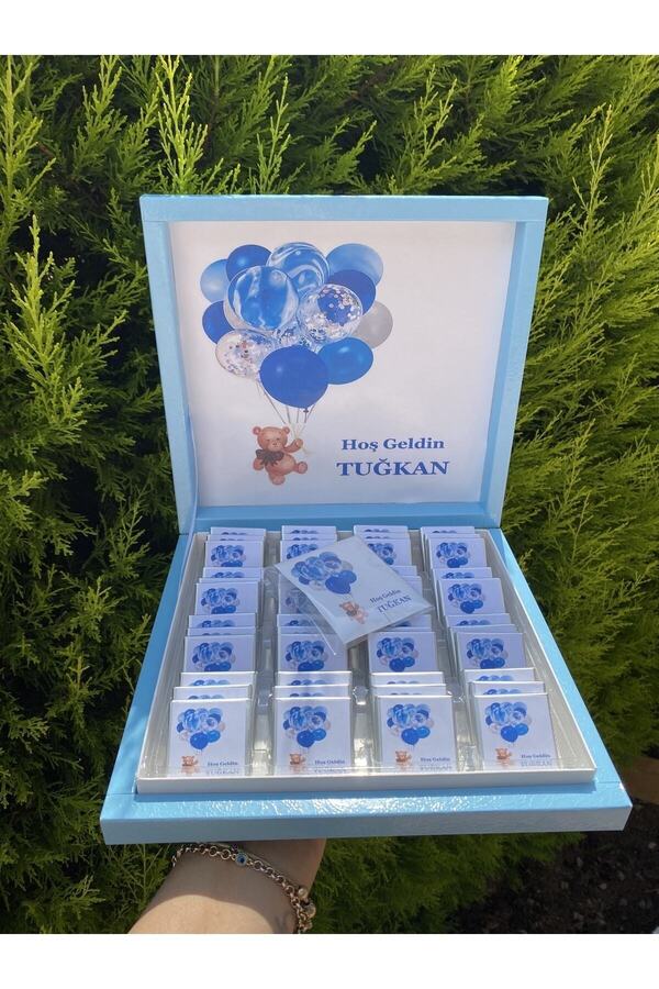 altıniz gıda (ELİT ÇİKOLATA) Isimli Erkek Bebek Çikolası Mavi Balonlu 48li Doğum Çikolası Bebek Hediyelik