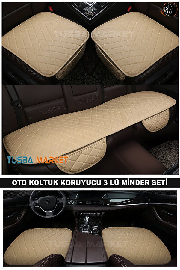 TUSBA MARKET Araç Oto Koltuk Koruyucu Cepli Üçlü Minder Seti / Lüks Kapitone Deri Ön-arka Bej Oto Koltuk Minder