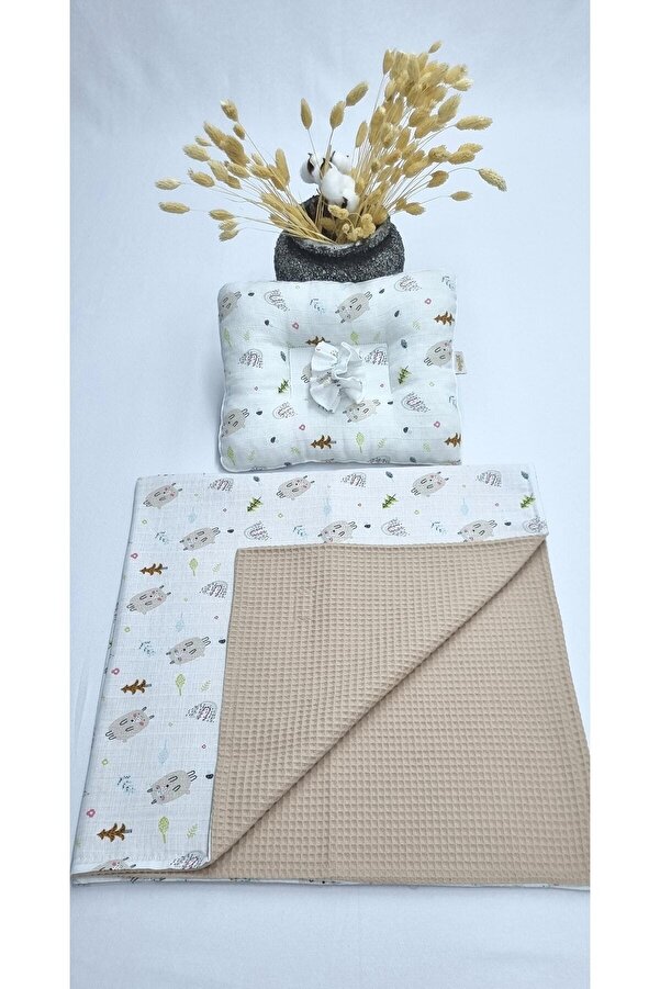 Yada Baby %100 Organik Pamuklu Kumaştan Waffle Pike Müslin Bebek Battaniye Ve Emzirme Yastığı Seti