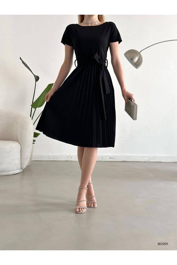 Masspera Short Sleeve Midi Length Evening Dress with Pleated Skirt Trendyol