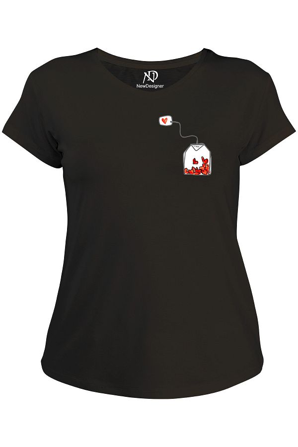 NewDesigner-Women's V-Neck Black T-shirt Heart Tea Bag 1