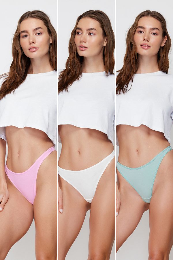 Trendyol Collection-Набір із 3 бавовняних/чісаних в'язаних трусиків-стрінгів кольору екрю, рожевого та зеленого THMSS23KU00045 1