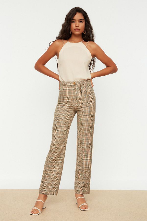 Trendyol Collection-High Waist Beige Straight Cut Plaid Trousers - Twoss22Pl0117 1