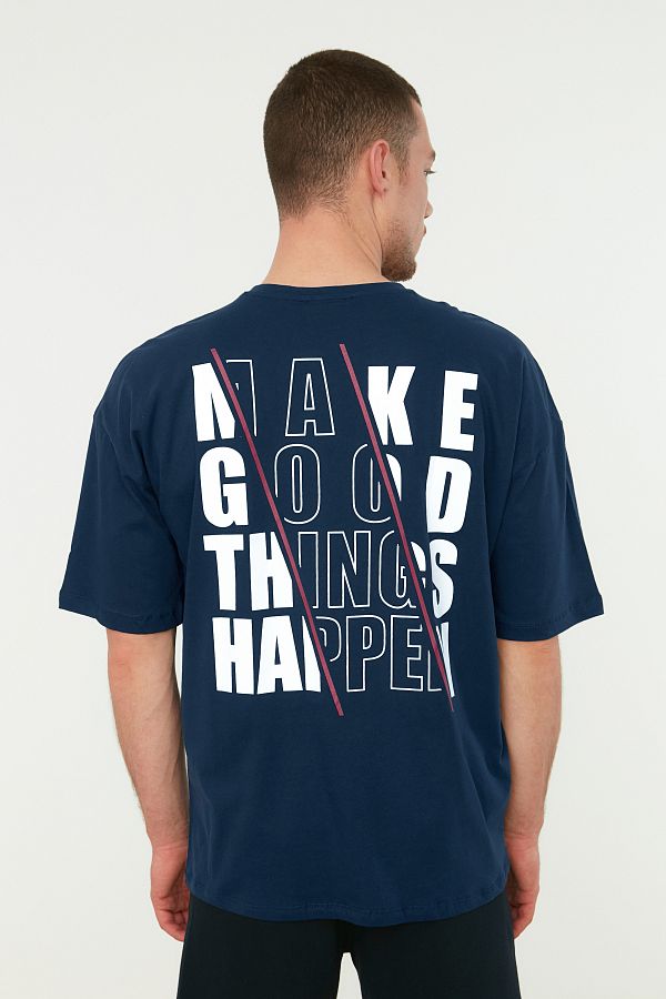 Trendyol Collection-Námořnicky modré oversize bavlněné tričko s potiskem – TMNSS22TS0566 1