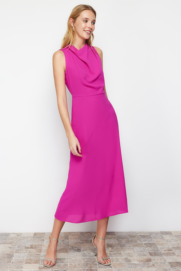 Trendyol Collection Pink Cowl Neck Cut-Hem Detail Midi Woven Dress TWOSS24EL00390
