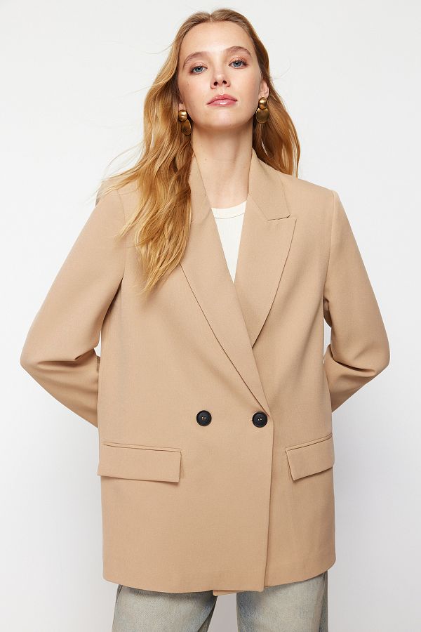 Trendyol Collection-Velbloudí oversize rovný střih základní dvouřadá tkaná bunda TWOSS24BC00028 1