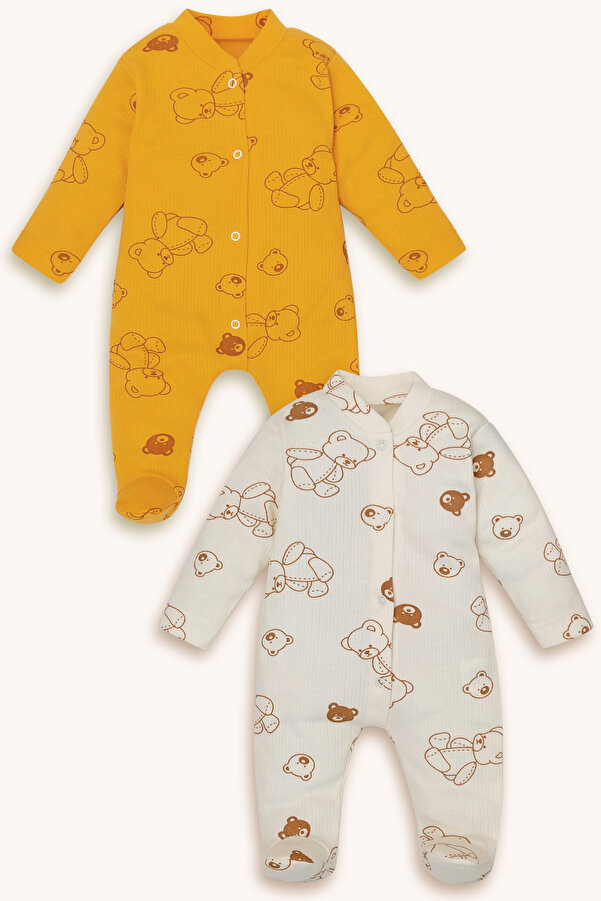 bebizu Ribanalı Ayıcık Desenli Çıtçıtlı Patikli 2li Tulum