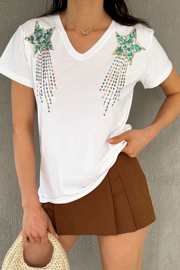 FEMELLE-Women's White V-Neck Shoulders Star Sequin Sequin Embroidered 100% Cotton T-Shirt 1