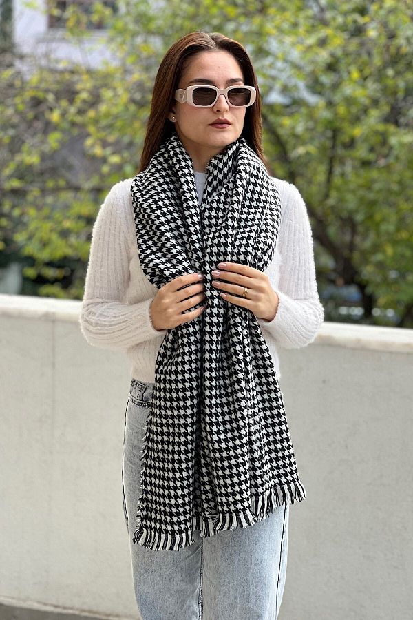 novon-Houndstooth Patterned Wool Textured Scarf 1