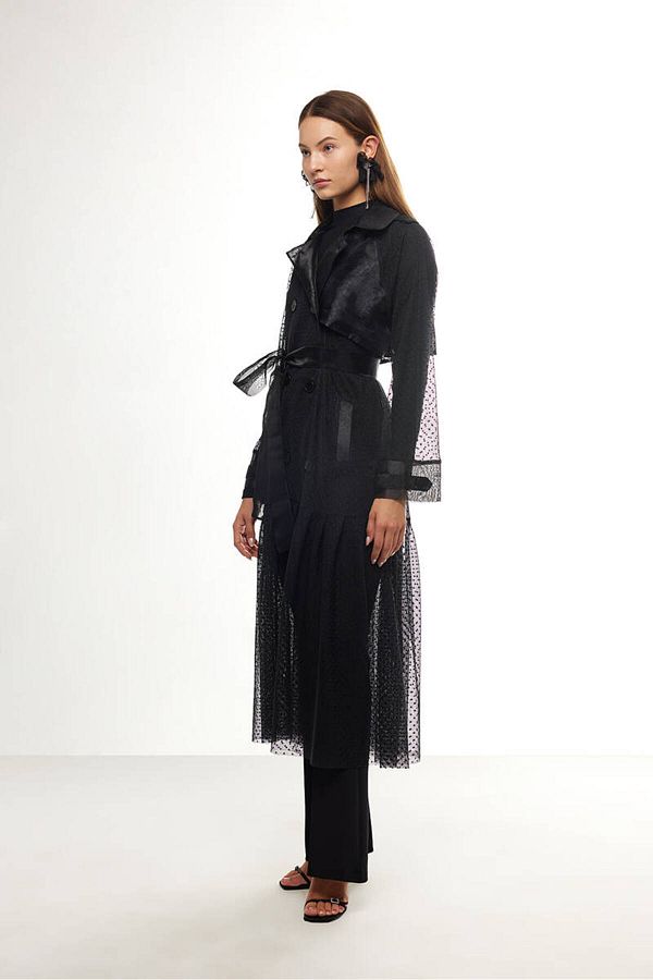 BE BLUE BLACK LACE TRENCH COAT Trendyol