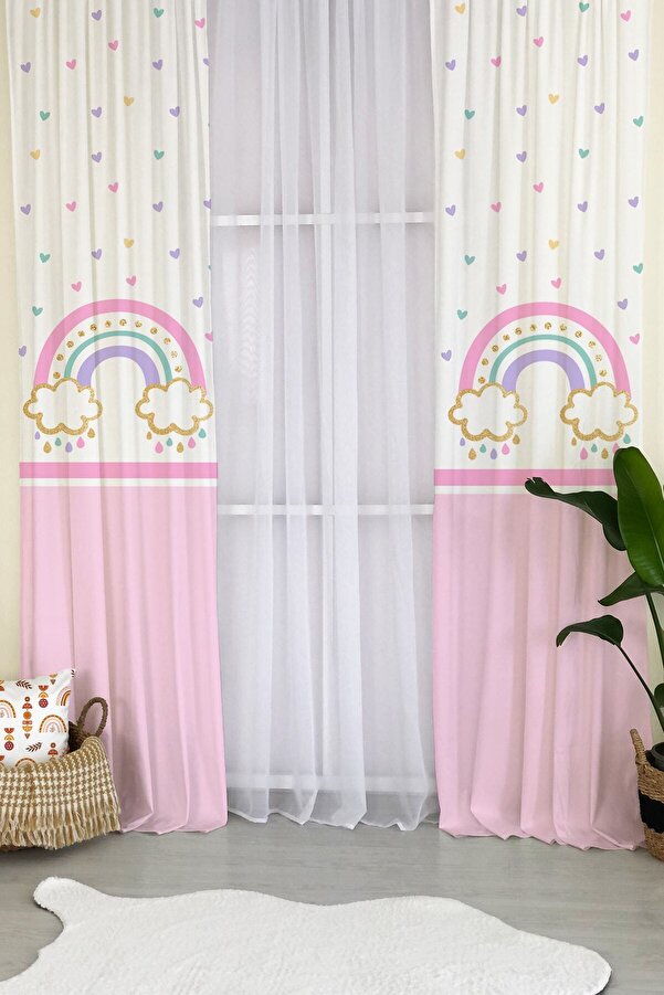 milroma Bulut Desenli Çocuk Odası Fon Perde-pembe