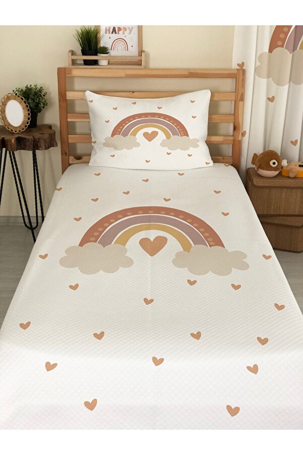 milroma MİLROMA Gökkuşağı Desenli Bebek Ve Çocuk Baskılı Tek Kişilik Pike Takımı 160x230 Beyaz
