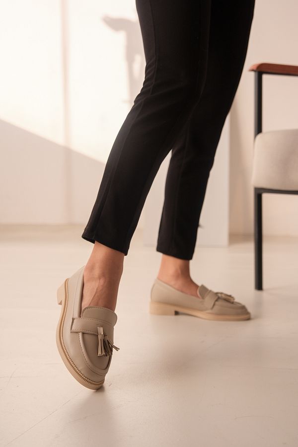 D VOLYA Gaby Beige Leather Tasseled Thin Sole 3CM Loafer Women s Shoes Trendyol