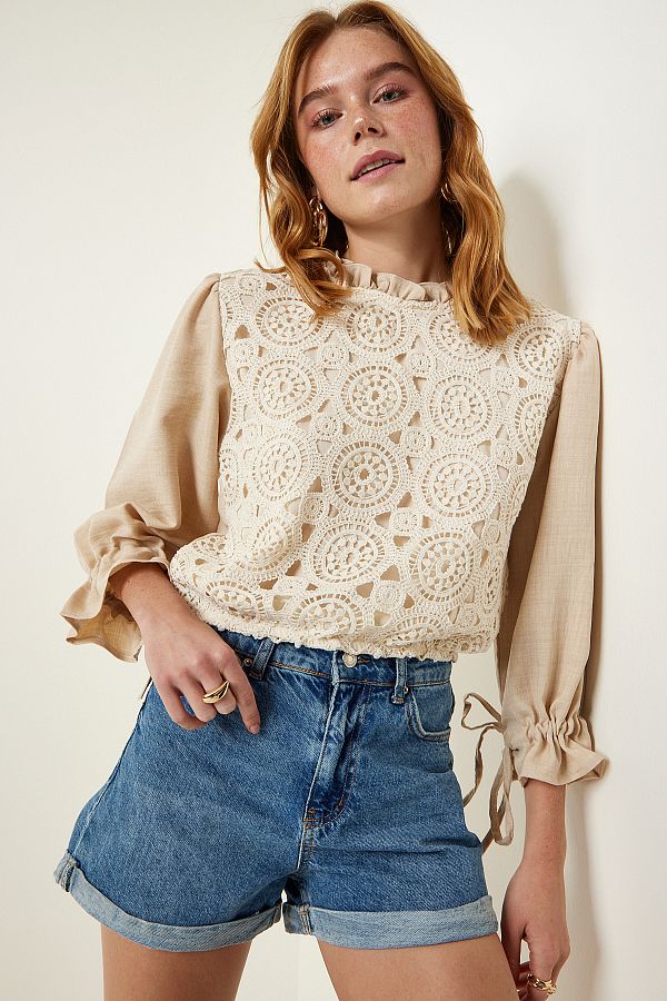 Happiness İstanbul-Beige Bluse aus gewebtem Leinen mit Spitzendetail für Damen TP00024 1