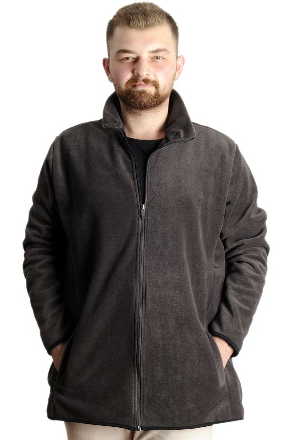 Modexl Plus Size Men s Zip Up Fleece Cardigan Stand Collar 22550 Smoked Trendyol