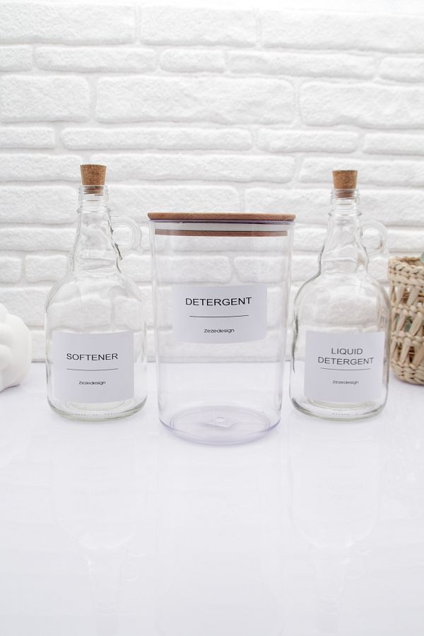 zezedesing-Set of 3 - Powder Detergent Jar with Wooden Lid & Liquid Detergent and Softener Bottle Cork Lid 1