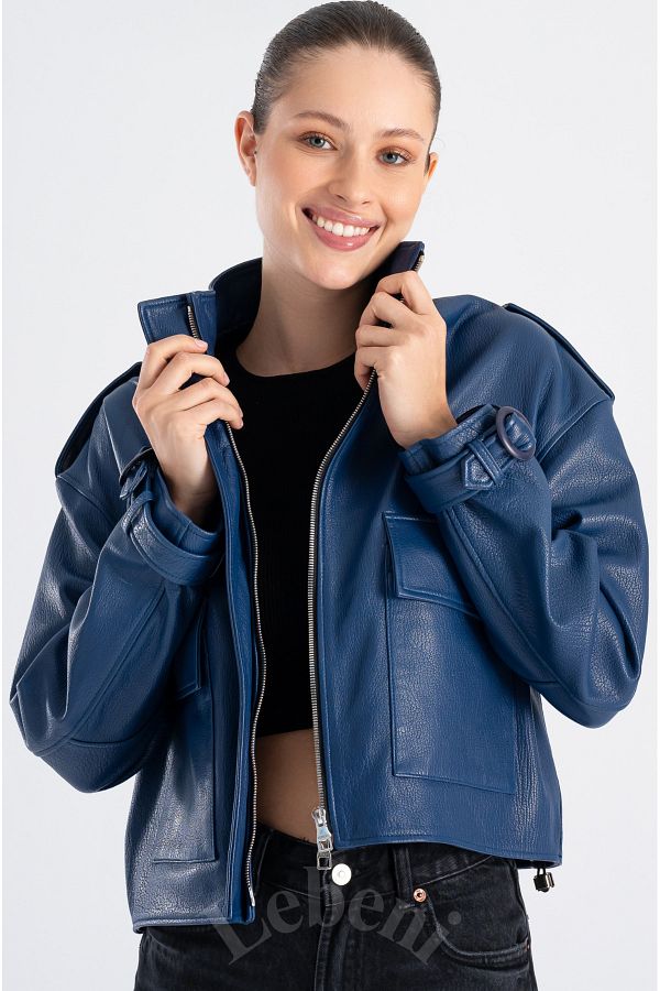 Blue leather bomber jacket sale