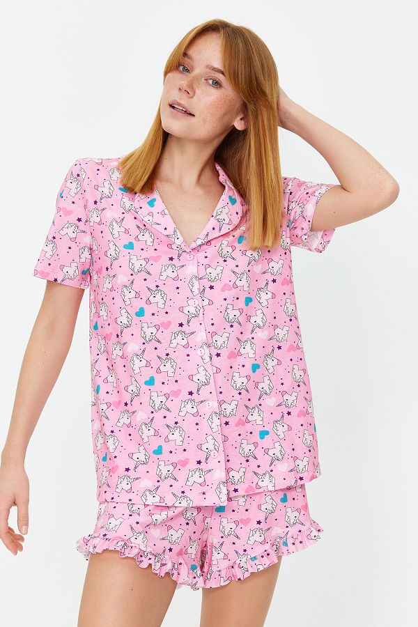Trendyol Collection-THMSS22PT0483 - Pyžamový set s růžovým vzorem 100% bavlna s volánky a šortkami 1