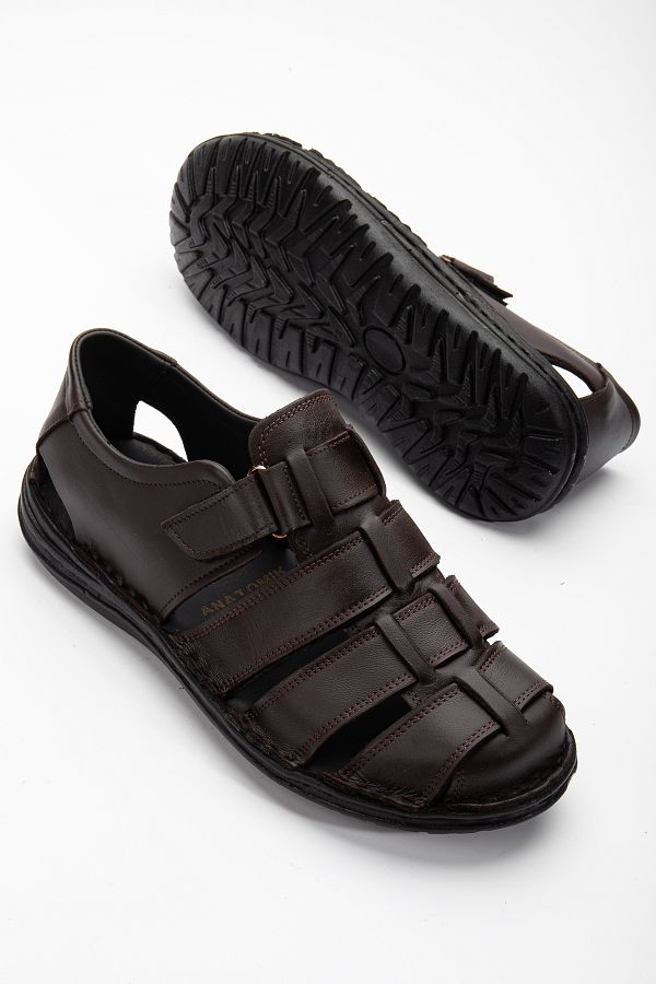 Waresta-Inside and Outside Genuine Leather Black Daily Orthopedic Thick Sole Men's Sandals Slippers 1
