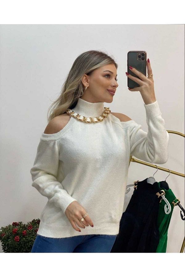 Azra Moda Style Open Shoulder Detail Turtleneck Necklace with Chain Pearl White Sweater Women Trendyol
