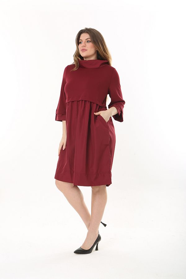 Şans-Women's Plus Size Burgundy Collar Sleeve and Skirt Taffeta Fabric Dress 65N37545 1