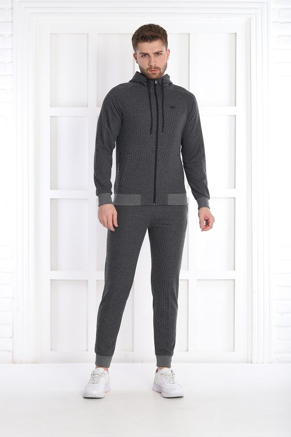 NEED L FE Men s Gray Daily Waffle Fabric Hooded Zippered Slim Fit Bottom Top Tracksuit Set Trendyol