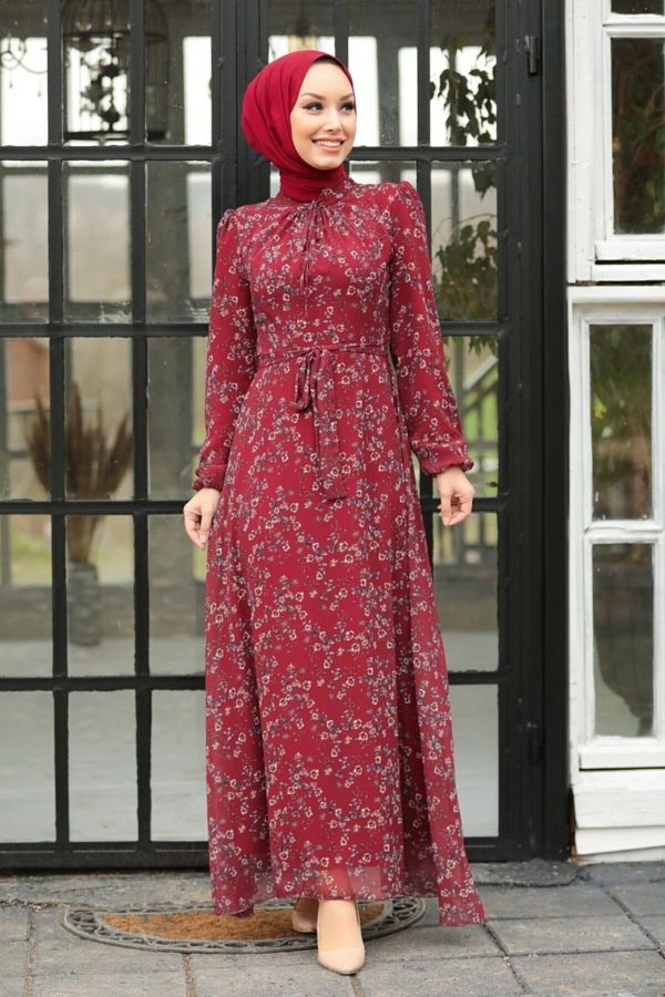 Neva Style-- Floral Patterned Burgundy Hijab Dress 27902br 1