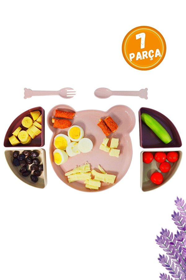 stilsenin34 Yogi Ayıcık 4 Bölmeli Mama Beslenme Tabağı Ve Çatal Kaşık Seti Mor (7 Parça)