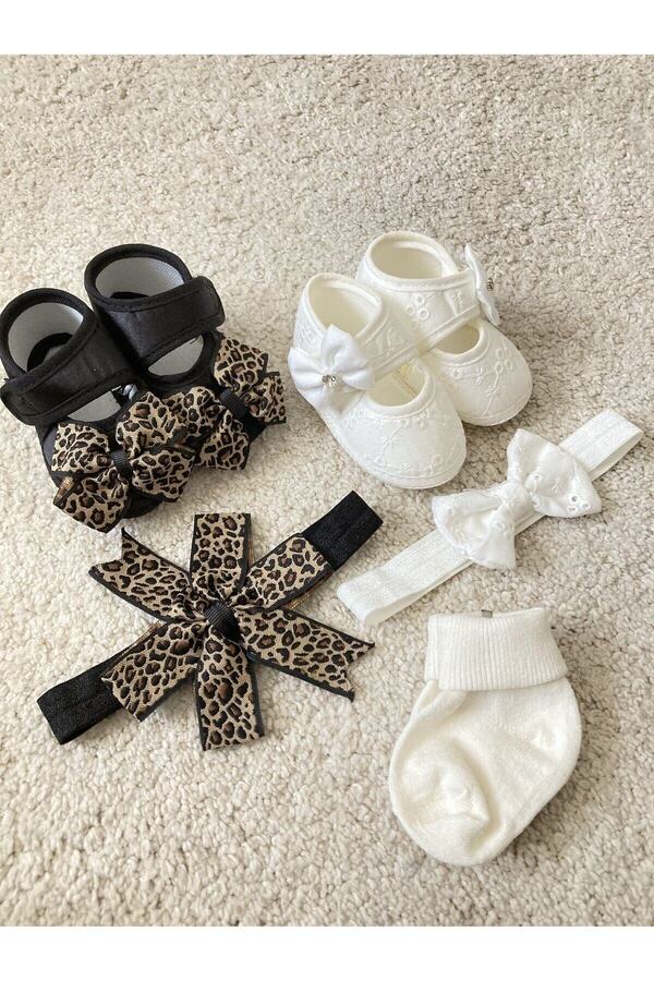 MASALBABY Kız Bebek Fistolu Patik & Leopar Desenli Patik / Yeni Doğan Hediyelik / Saç Bantlı Mevlüt Patiği