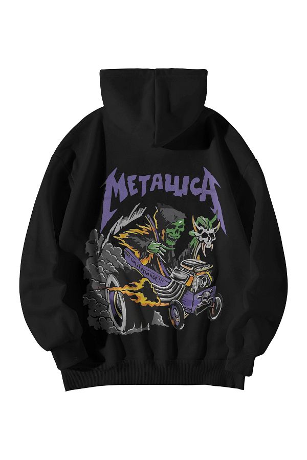Scrovtie Black Women s Men s Oversize Hooded Kangaroo Pocket Truck Metallica Printed Sweatshirt Hoodie Trendyol