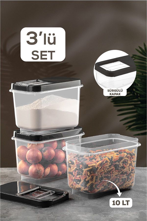 Meleni Home-3-Piece 10 Lt Pulses Storage Container - Food Storage Container with Sliding Lid Flour Container Anthracite 1