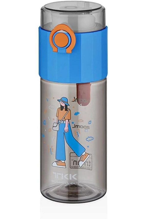 Vagonlife-TKK T-1013 500ml Comfortable Drinking Locked Lid Patterned Tritan Flask with Straw and Strainer (Blue) 1