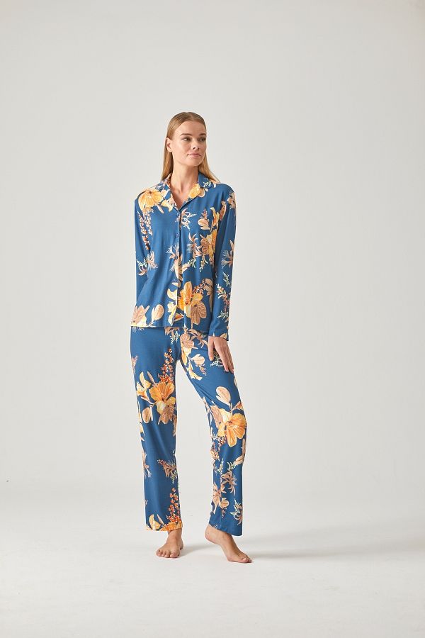 Pamuk & Pamuk-BLUE IRY FLOWER PATTERNED PYJAMAS SET WITH BUTTONS FRONT 1